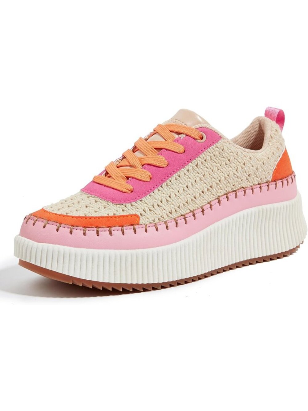 Women's Pink Orange Knit Woven Platform Lace Up Anti Slip Durable Chunky Sneaker